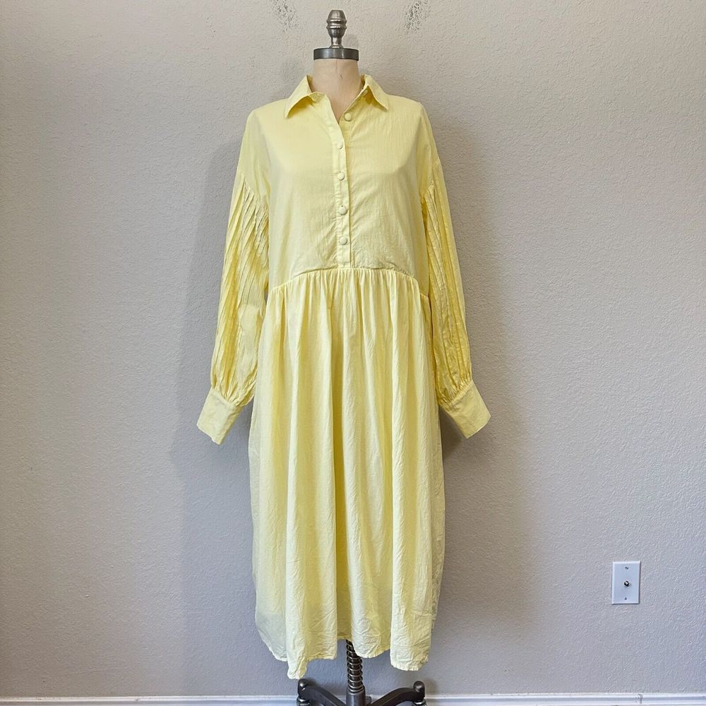 GIRL AND THE SUN Long Sleeve Lined Maxi Shirt Dress in Pale Yellow